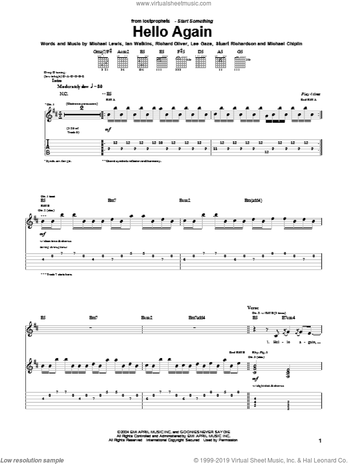 Hello Again sheet music for guitar (tablature) by Lostprophets, Ian Watkins, Michael Lewis and Richard Oliver, intermediate skill level