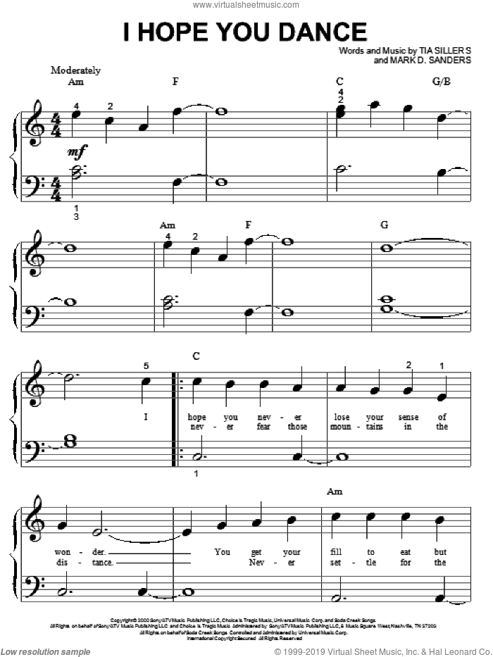 I Hope You Dance sheet music for piano solo (big note book) by Lee Ann Womack, Mark D. Sanders and Tia Sillers, wedding score, easy piano (big note book)