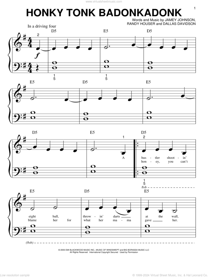 Honky Tonk Badonkadonk sheet music for piano solo (big note book) by Trace Adkins, Dallas Davidson, Jamey Johnson and Randy Houser, easy piano (big note book)