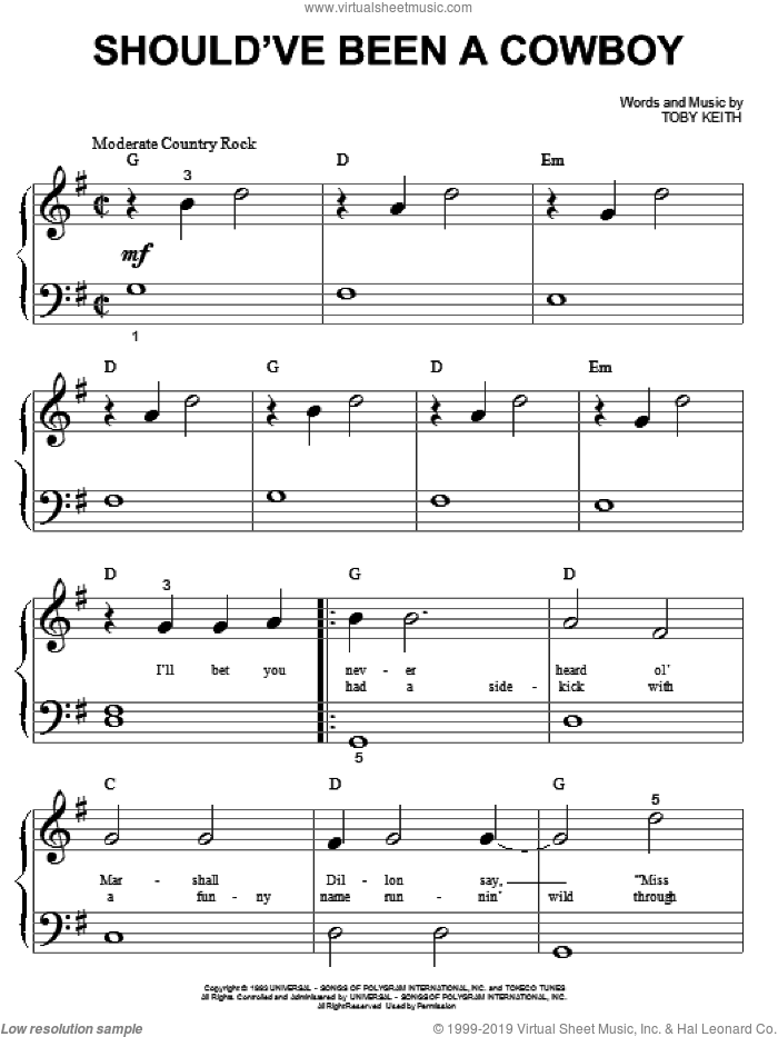 Should've Been A Cowboy sheet music for piano solo (big note book) by Toby Keith, easy piano (big note book)