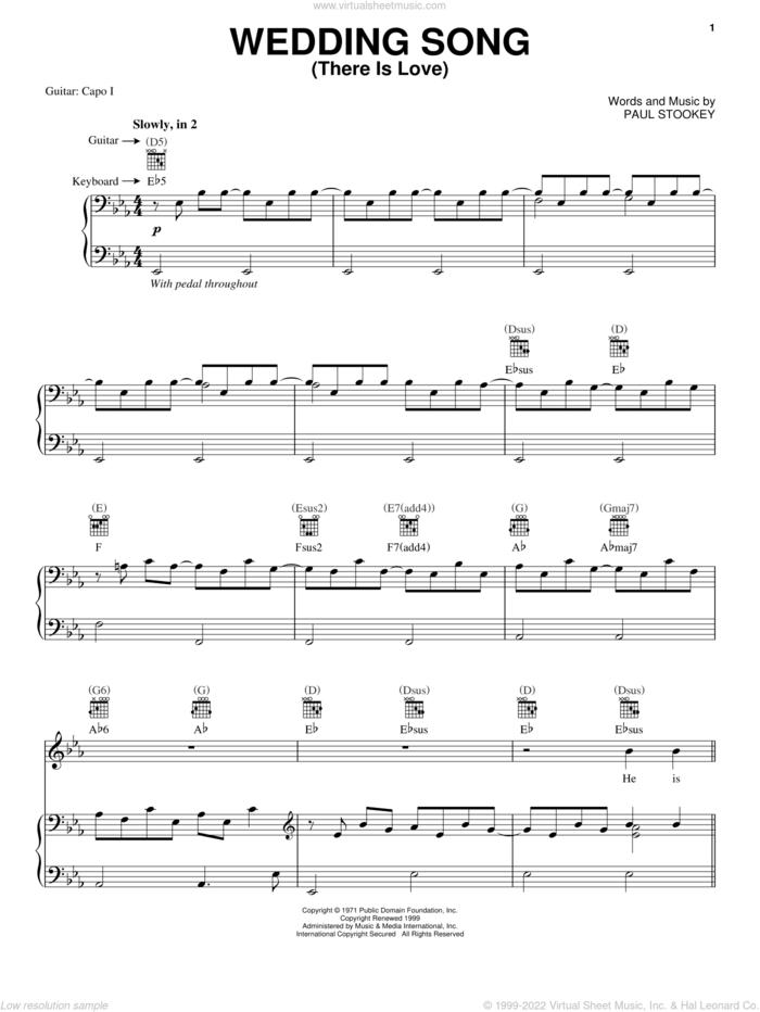 Wedding Song (There Is Love) sheet music for voice, piano or guitar by Peter, Paul & Mary, Captain & Tennille, Petula Clark and Paul Stookey, wedding score, intermediate skill level
