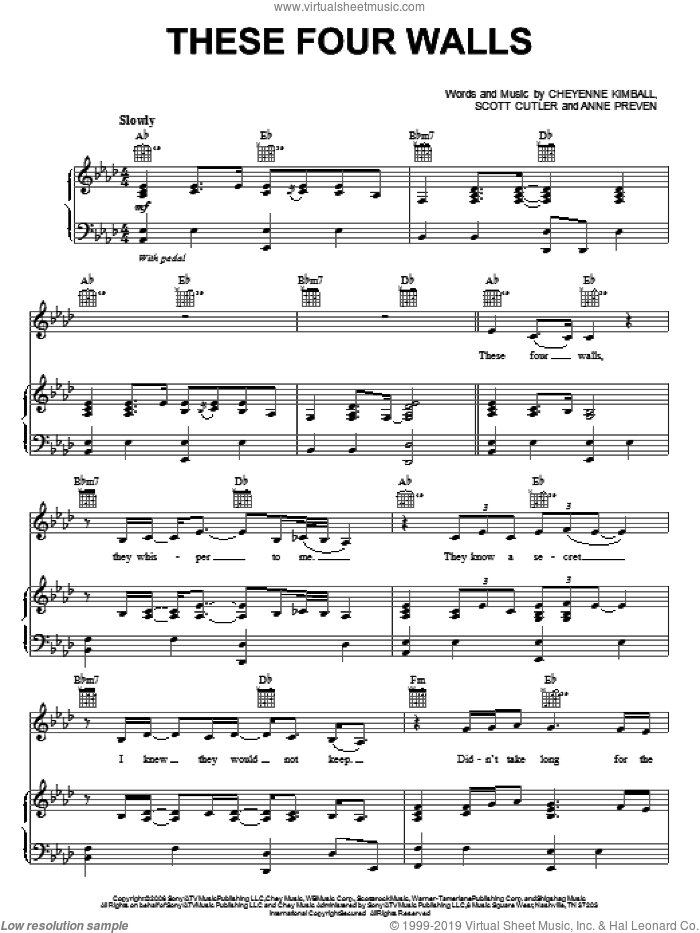 These Four Walls sheet music for voice, piano or guitar by Miley Cyrus, Anne Preven, Cheyenne Kimball and Scott Cutler, intermediate skill level