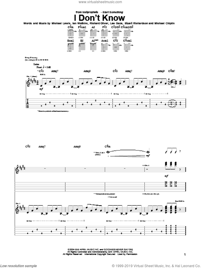 I Don't Know sheet music for guitar (tablature) by Lostprophets, Ian Watkins, Michael Lewis and Richard Oliver, intermediate skill level