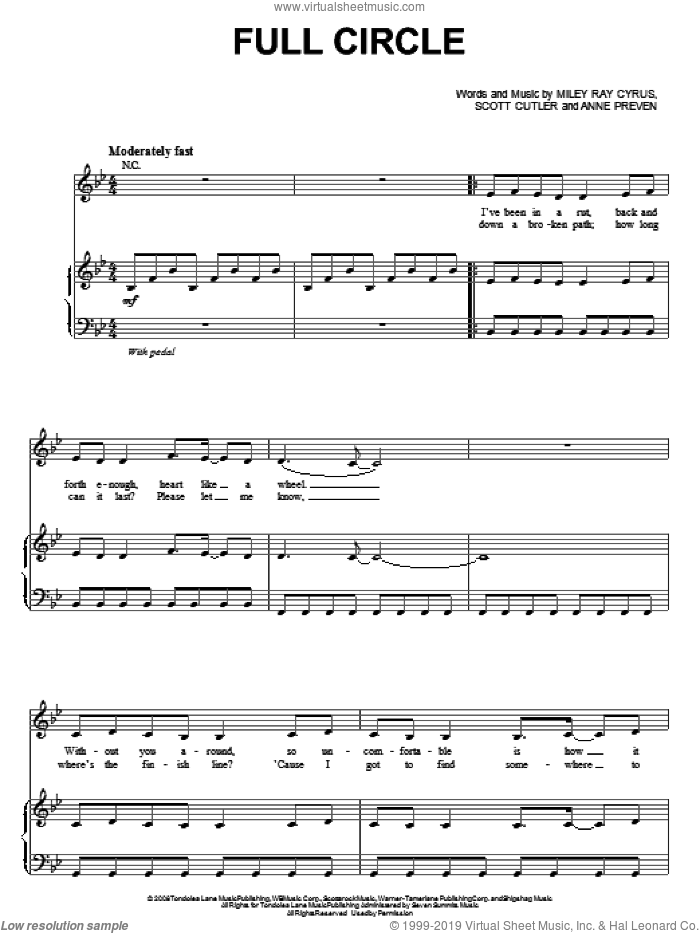 Full Circle sheet music for voice, piano or guitar by Miley Cyrus, Anne Preven, Miley Ray Cyrus and Scott Cutler, intermediate skill level
