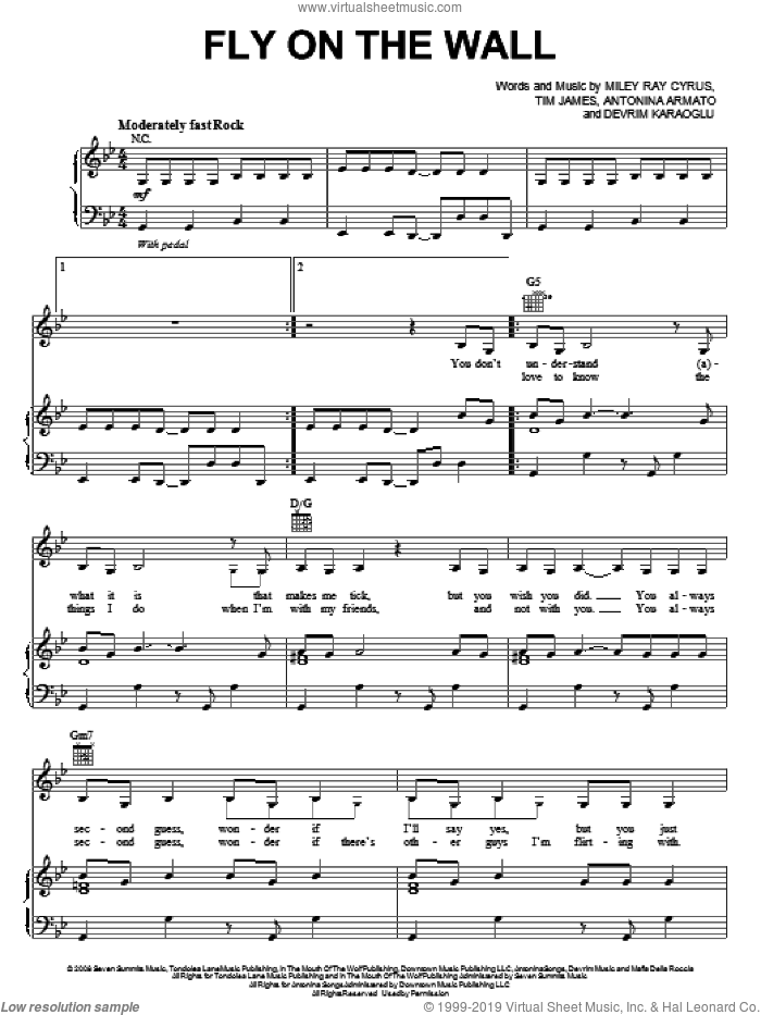 Fly On The Wall sheet music for voice, piano or guitar by Miley Cyrus, Antonina Armato, Devrim Karaoglu, Miley Ray Cyrus and Tim James, intermediate skill level