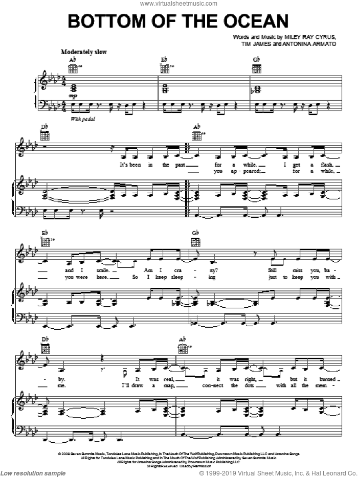 Bottom Of The Ocean sheet music for voice, piano or guitar by Miley Cyrus, Antonina Armato, Miley Ray Cyrus and Tim James, intermediate skill level