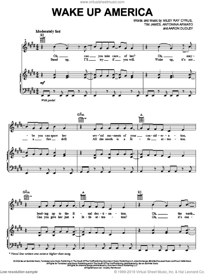Wake Up America sheet music for voice, piano or guitar by Miley Cyrus, Aaron Dudley, Antonina Armato, Miley Ray Cyrus and Tim James, intermediate skill level