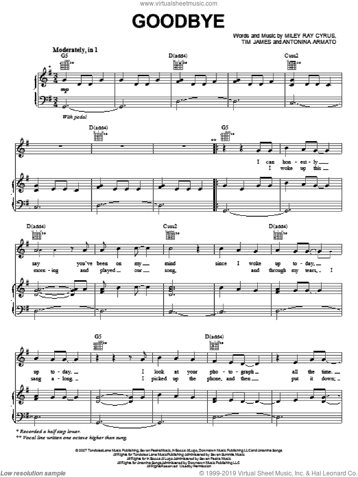 Goodbye sheet music for voice, piano or guitar by Miley Cyrus, Antonina Armato, Miley Ray Cyrus and Tim James, intermediate skill level