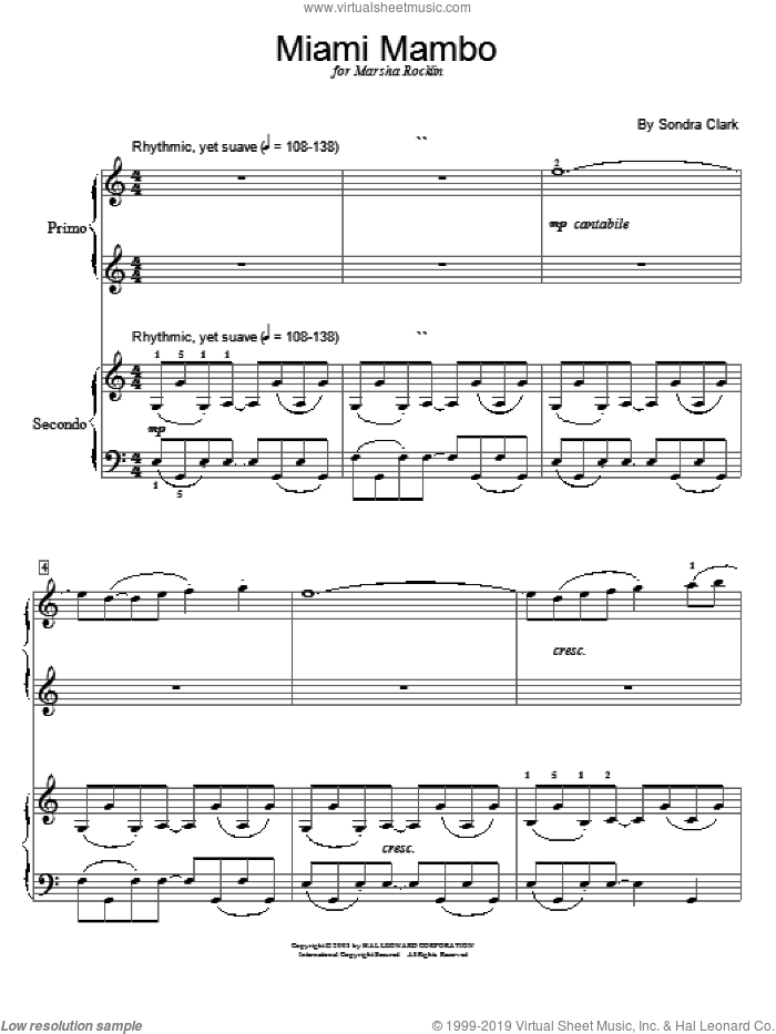 Miami Mambo sheet music for piano four hands by Sondra Clark, intermediate skill level