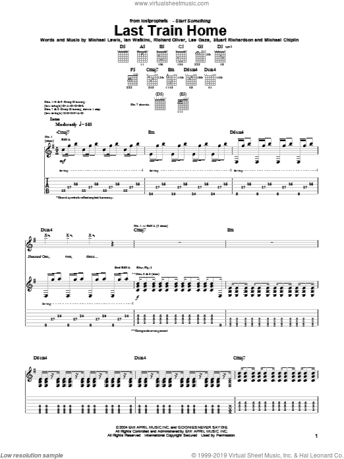 Last Train Home sheet music for guitar (tablature) by Lostprophets, Ian Watkins, Michael Lewis and Richard Oliver, intermediate skill level