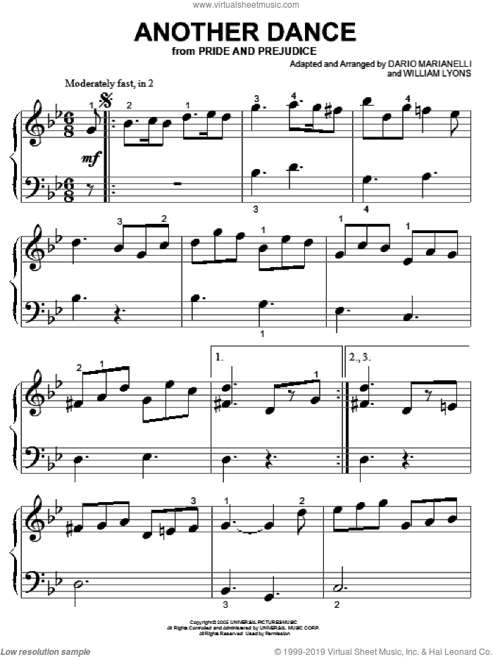 Another Dance (from Pride And Prejudice) sheet music for piano solo (big note book) by Dario Marianelli, Pride & Prejudice (Movie) and William Lyons, easy piano (big note book)