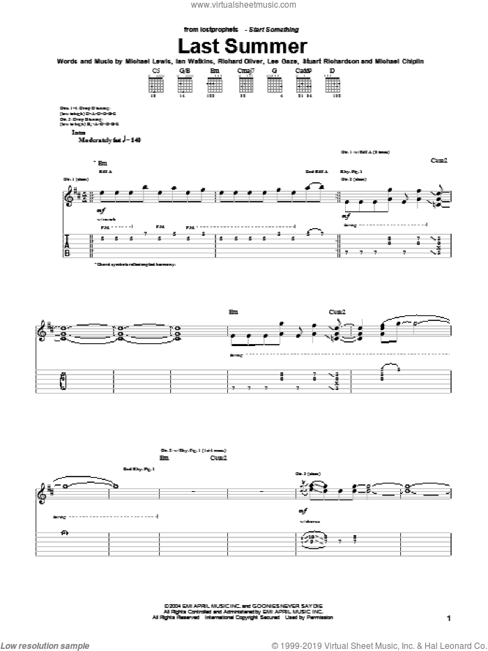 Last Summer sheet music for guitar (tablature) by Lostprophets, Ian Watkins, Michael Lewis and Richard Oliver, intermediate skill level