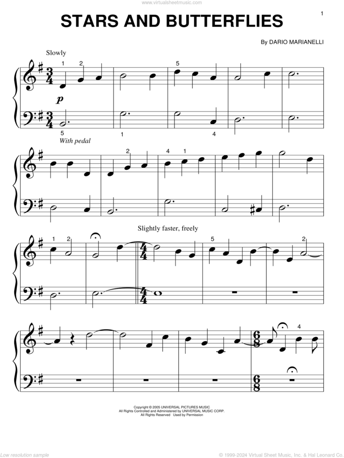 Stars And Butterflies (from Pride And Prejudice) sheet music for piano solo (big note book) by Dario Marianelli and Pride & Prejudice (Movie), easy piano (big note book)