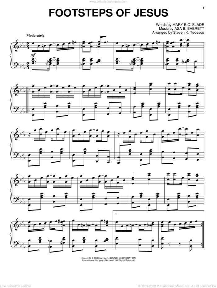 Footsteps Of Jesus [Ragtime version] sheet music for piano solo by Steven Tedesco, Asa B. Everett and Mary B.C. Slade, intermediate skill level