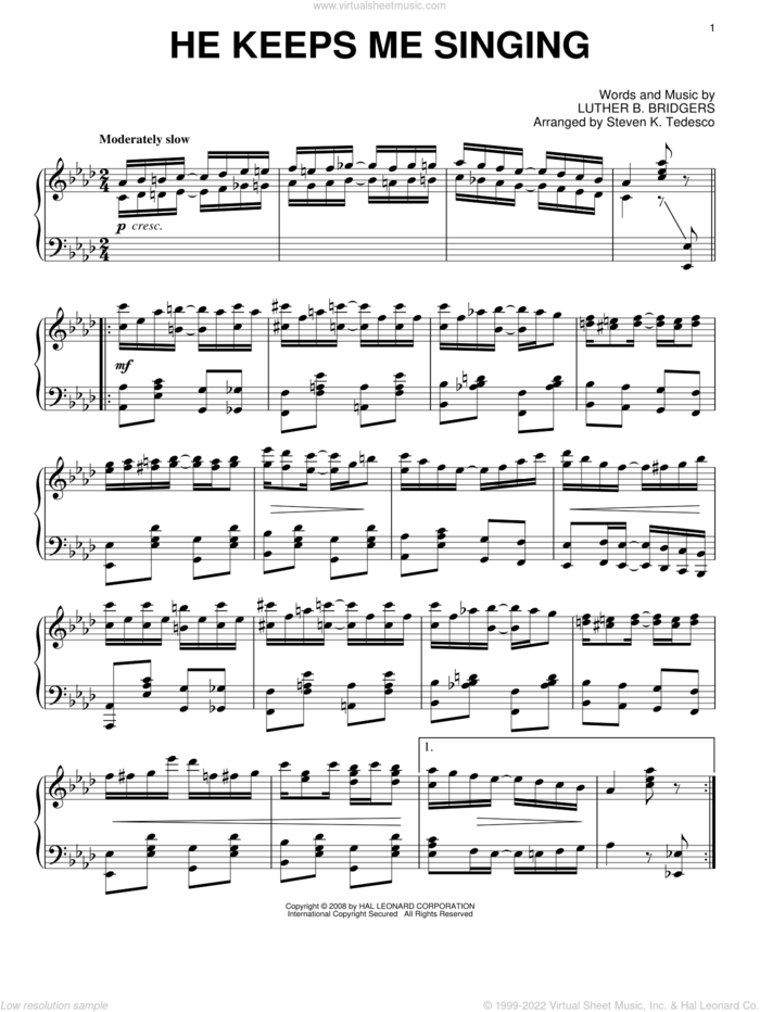 He Keeps Me Singing [Ragtime version] sheet music for piano solo by Steven Tedesco and Luther B. Bridgers, intermediate skill level