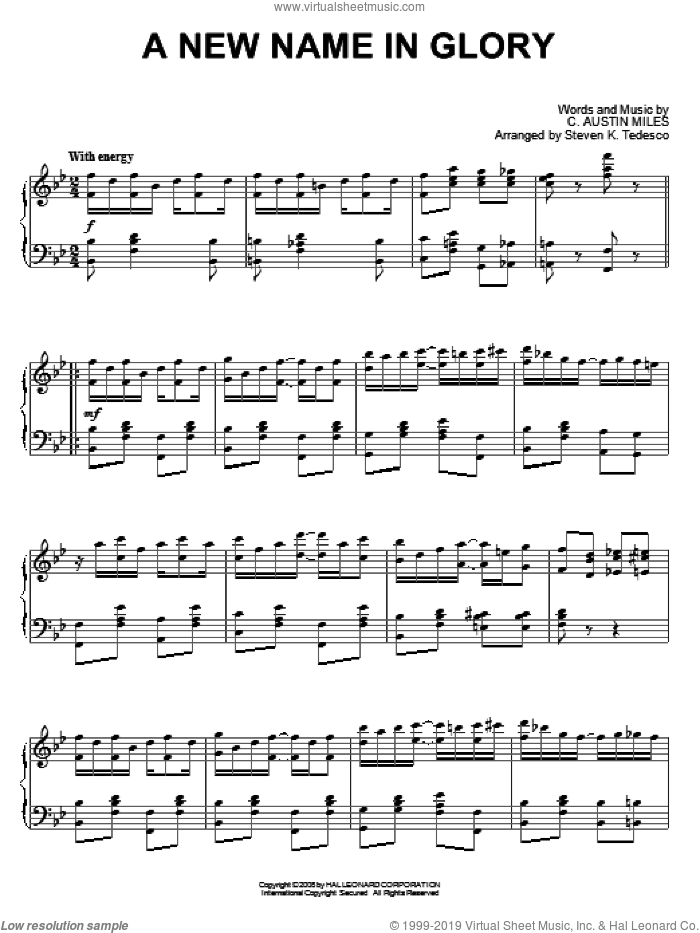 A New Name In Glory [Ragtime version] sheet music for piano solo by Steven Tedesco and C. Austin Miles, intermediate skill level