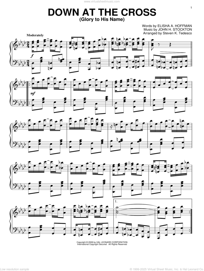 Down At The Cross (Glory To His Name) [Ragtime version] sheet music for piano solo by Elisha A. Hoffman, Steven Tedesco and John H. Stockton, intermediate skill level