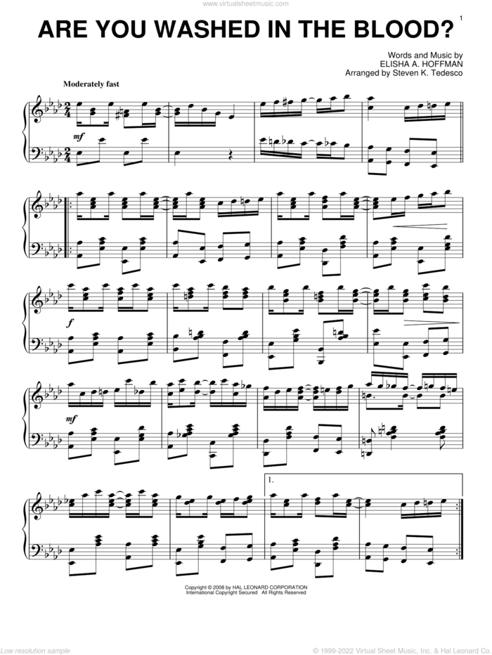 Are You Washed In The Blood? [Ragtime version] sheet music for piano solo by Steven Tedesco and Elisha A. Hoffman, intermediate skill level