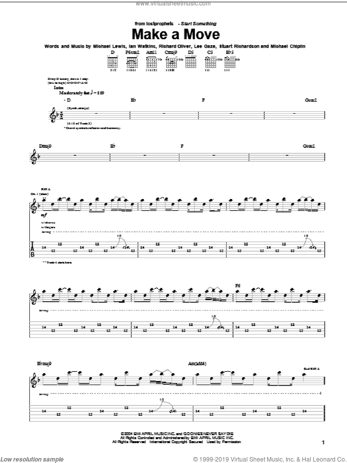 Make A Move sheet music for guitar (tablature) by Lostprophets, Ian Watkins, Michael Lewis and Richard Oliver, intermediate skill level