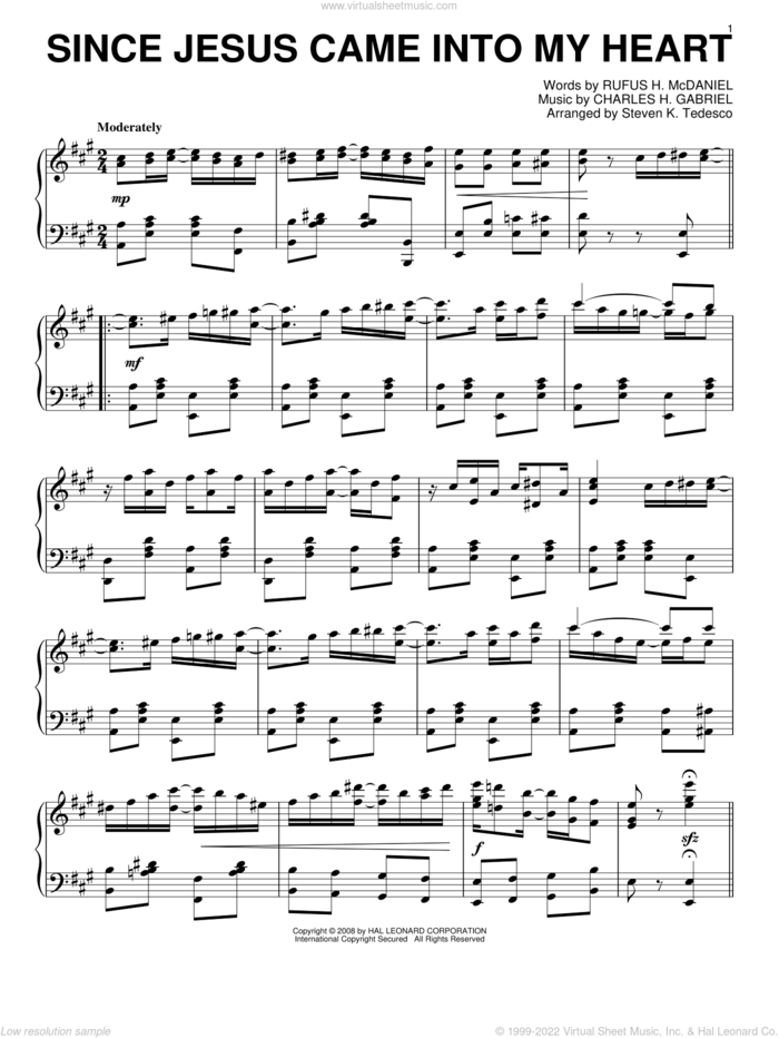 Since Jesus Came Into My Heart [Ragtime version] sheet music for piano solo by Steven Tedesco, Charles H. Gabriel and Rufus H. McDaniel, intermediate skill level