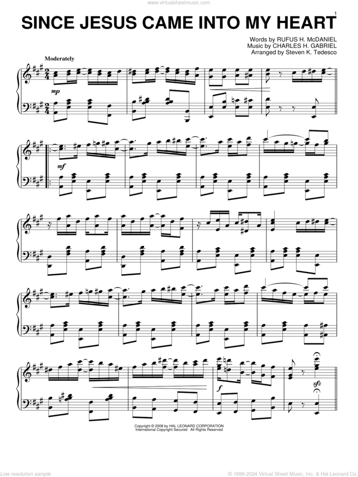 Since Jesus Came Into My Heart [Ragtime version] sheet music for piano solo by Steven Tedesco, Charles H. Gabriel and Rufus H. McDaniel, intermediate skill level