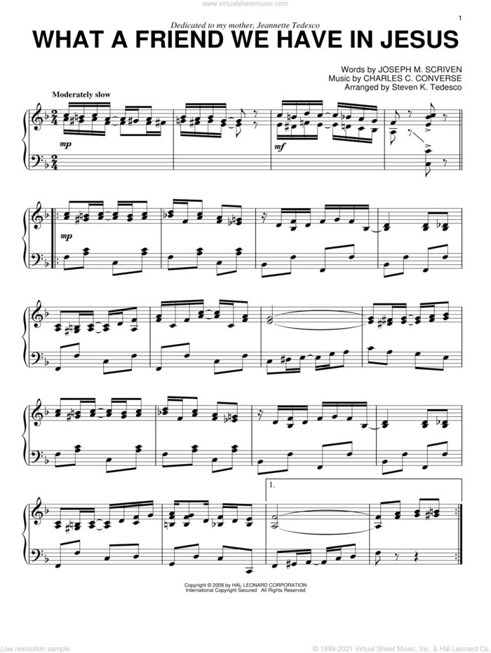 What A Friend We Have In Jesus [Ragtime version] sheet music for piano solo by Steven Tedesco, Charles C. Converse and Joseph M. Scriven, intermediate skill level
