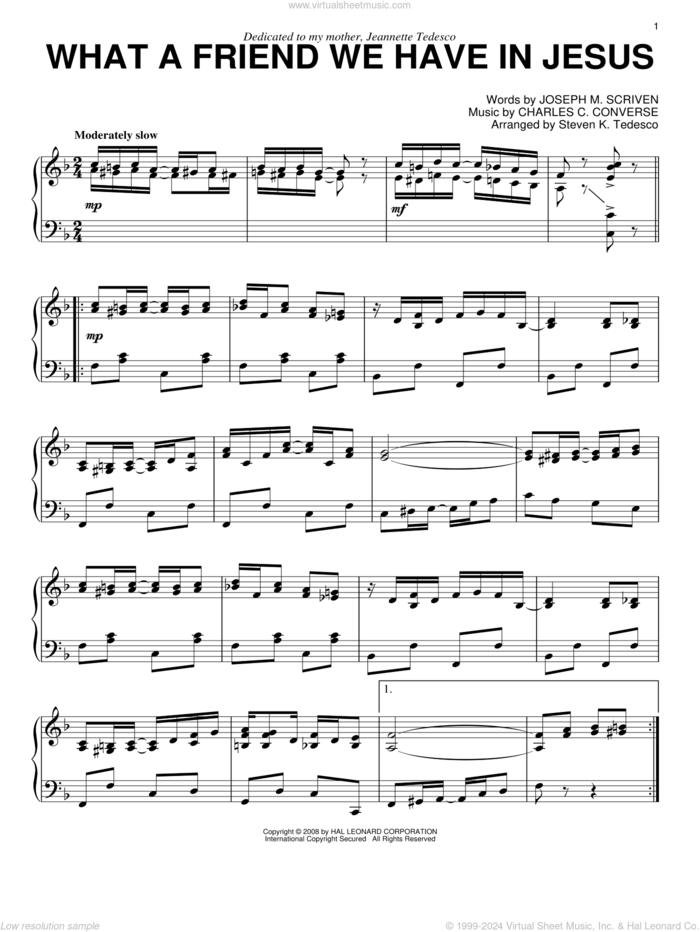 What A Friend We Have In Jesus [Ragtime version] sheet music for piano solo by Steven Tedesco, Charles C. Converse and Joseph M. Scriven, intermediate skill level