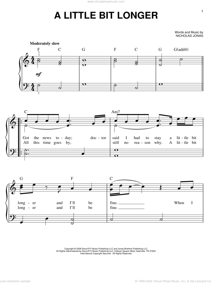 A Little Bit Longer sheet music for piano solo by Jonas Brothers and Nicholas Jonas, easy skill level