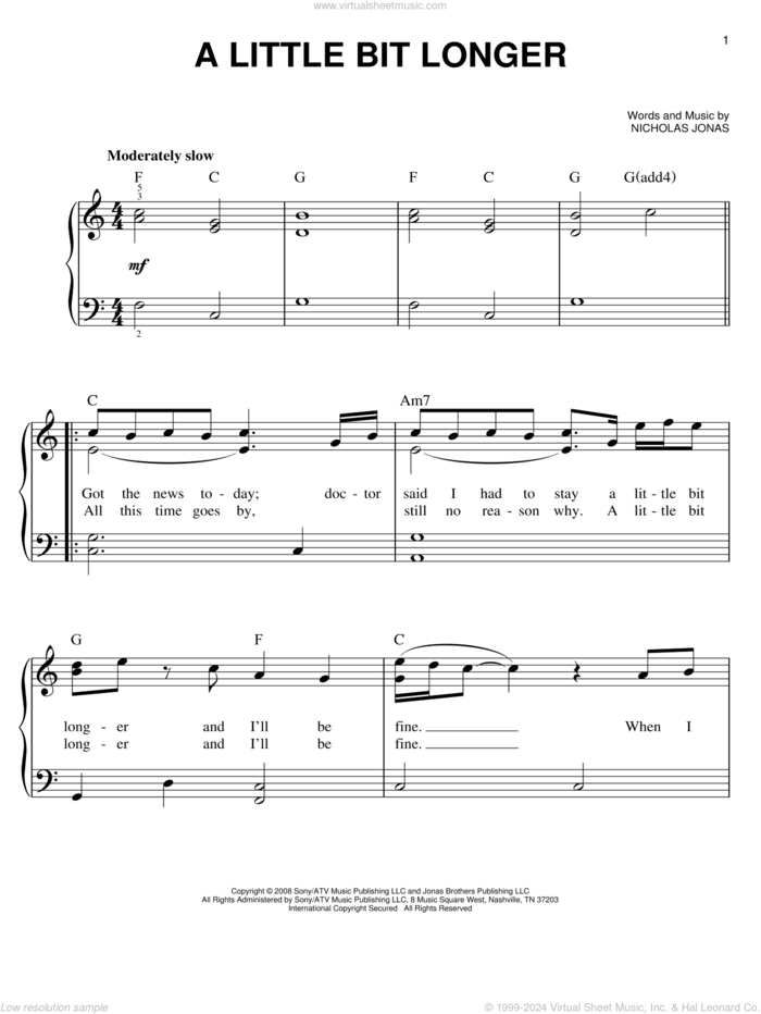 A Little Bit Longer sheet music for piano solo by Jonas Brothers and Nicholas Jonas, easy skill level