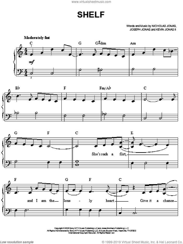 Shelf sheet music for piano solo by Jonas Brothers, Joseph Jonas, Kevin Jonas II and Nicholas Jonas, easy skill level