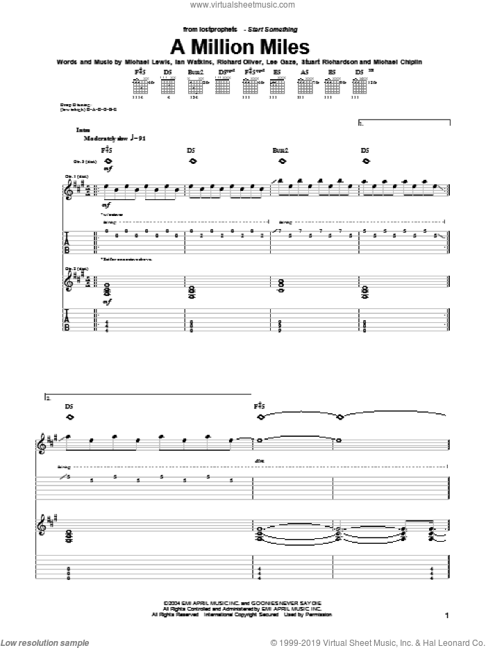 A Million Miles sheet music for guitar (tablature) by Lostprophets, Ian Watkins, Michael Lewis and Richard Oliver, intermediate skill level