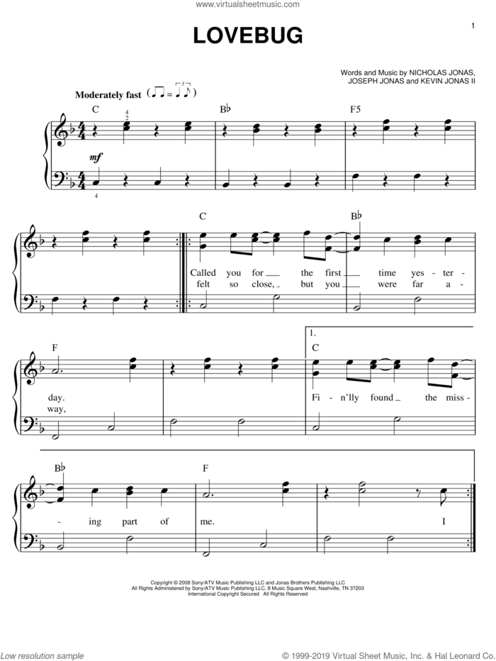 Lovebug sheet music for piano solo by Jonas Brothers, Joseph Jonas, Kevin Jonas II and Nicholas Jonas, easy skill level