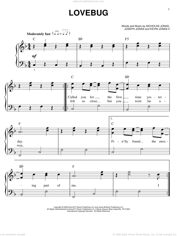 Lovebug sheet music for piano solo by Jonas Brothers, Joseph Jonas, Kevin Jonas II and Nicholas Jonas, easy skill level