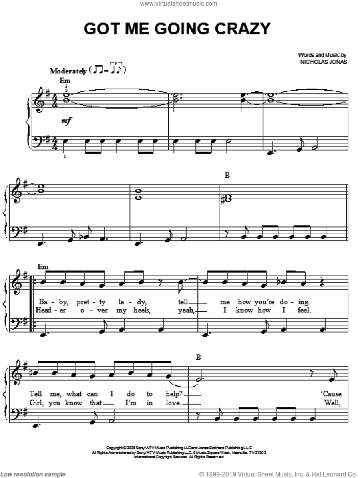 Got Me Going Crazy sheet music for piano solo by Jonas Brothers and Nicholas Jonas, easy skill level