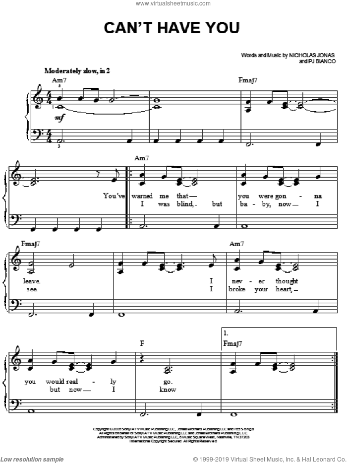 Can't Have You sheet music for piano solo by Jonas Brothers, Nicholas Jonas and PJ Bianco, easy skill level