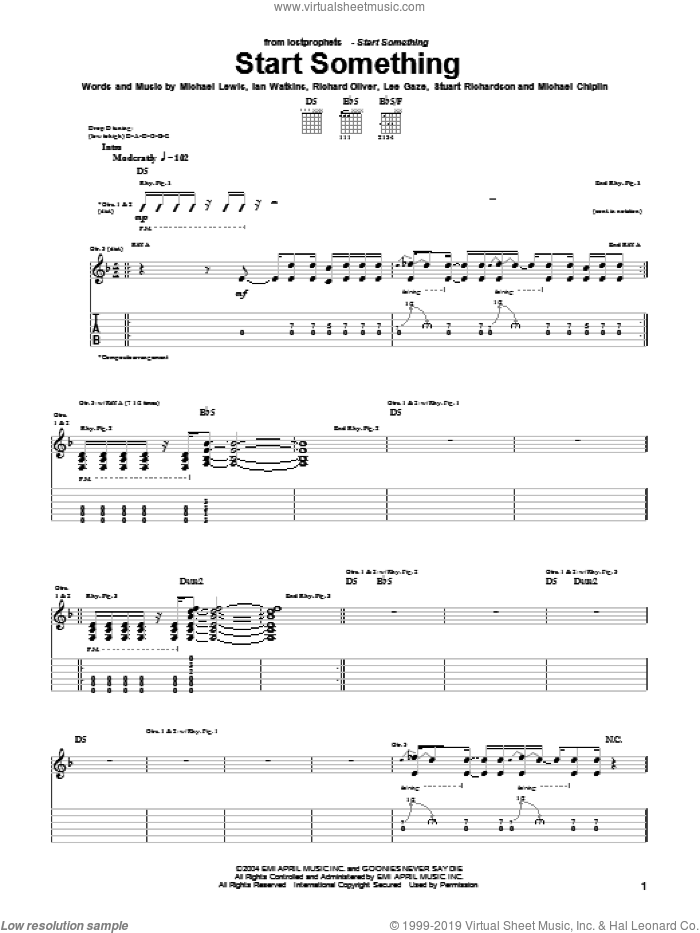 Start Something sheet music for guitar (tablature) by Lostprophets, Ian Watkins, Michael Lewis and Richard Oliver, intermediate skill level