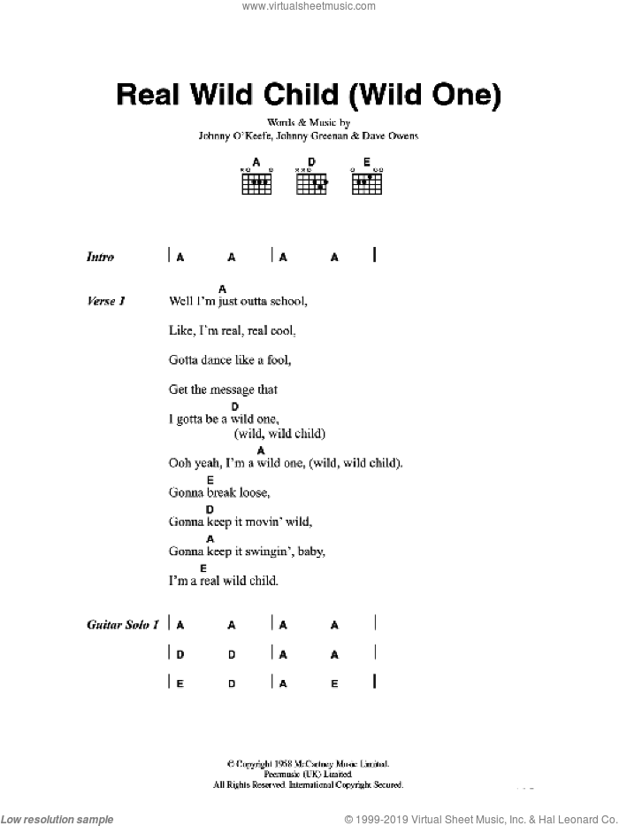Real Wild Child (Wild One) sheet music for guitar (chords) by Johnny O'Keefe, Dave Owens and Johnny Greenan, intermediate skill level