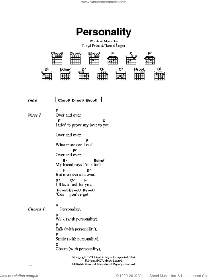 (You've Got) Personality sheet music for guitar (chords) by Lloyd Price and Harold Logan, intermediate skill level