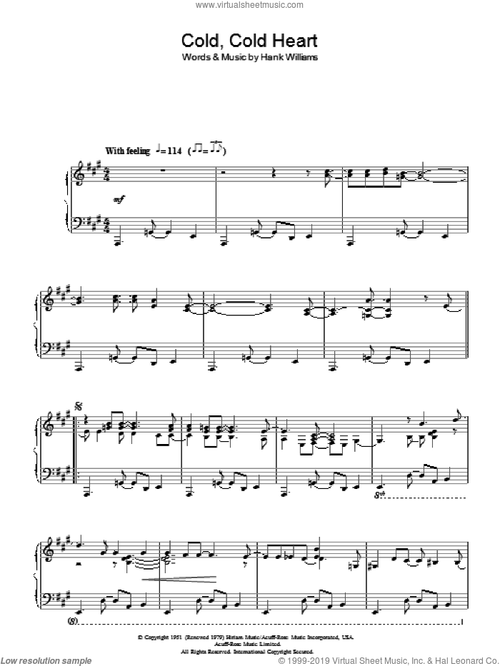 Cold, Cold Heart, (intermediate) sheet music for piano solo by Norah Jones, Tony Bennett and Hank Williams, intermediate skill level