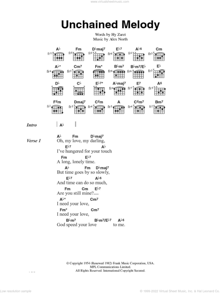 Unchained Melody sheet music for guitar (chords) by Jimmy Young, Alex North and Hy Zaret, wedding score, intermediate skill level