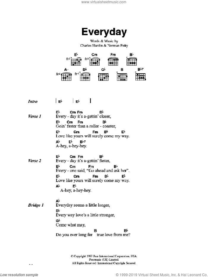 Everyday sheet music for guitar (chords) by Buddy Holly, Charles Hardin and Norman Petty, intermediate skill level