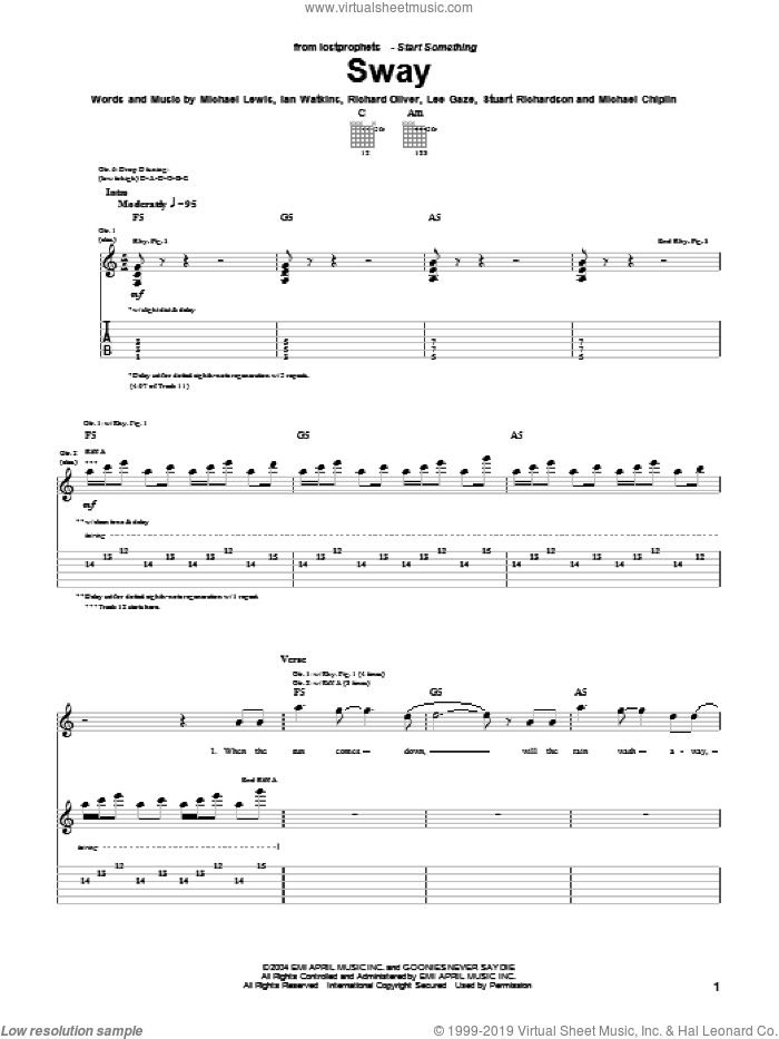 Sway sheet music for guitar (tablature) by Lostprophets, Ian Watkins, Michael Lewis and Richard Oliver, intermediate skill level