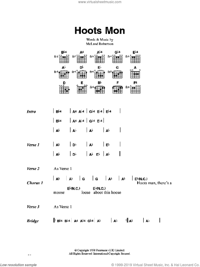 Hoots Mon sheet music for guitar (chords) by Lord Rockingham's XI and McLeod Robertson, intermediate skill level
