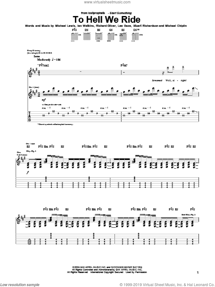 To Hell We Ride sheet music for guitar (tablature) by Lostprophets, Ian Watkins, Michael Lewis and Richard Oliver, intermediate skill level