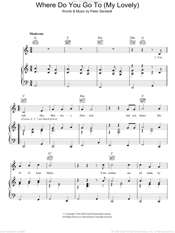 Where Do You Go To (My Lovely) sheet music for voice, piano or guitar by Peter Sarstedt, intermediate skill level