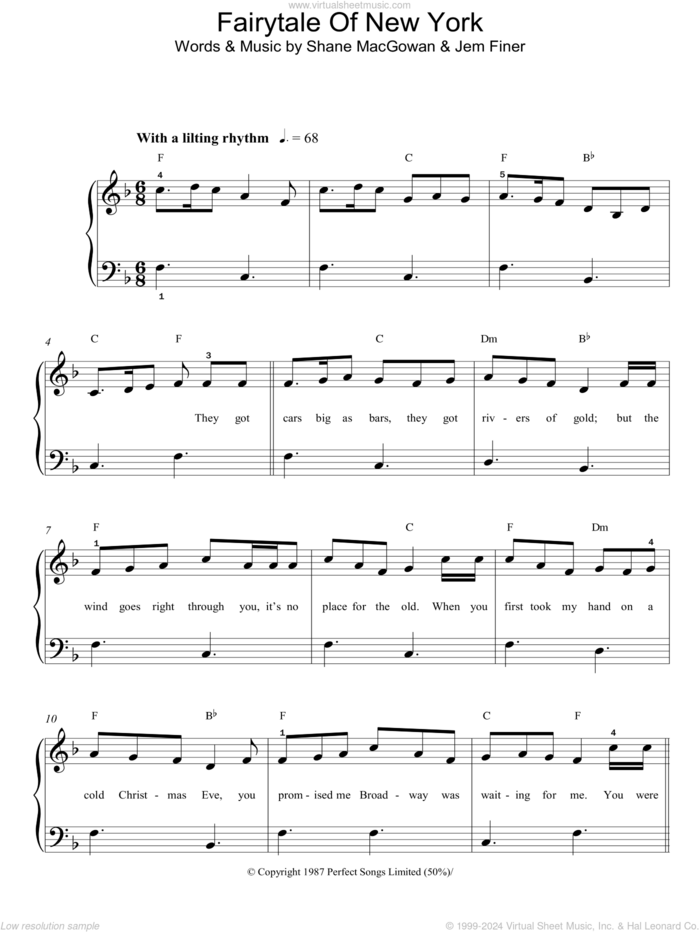 Fairytale Of New York, (easy) sheet music for piano solo by The Pogues, Jem Finer and Shane MacGowan, easy skill level