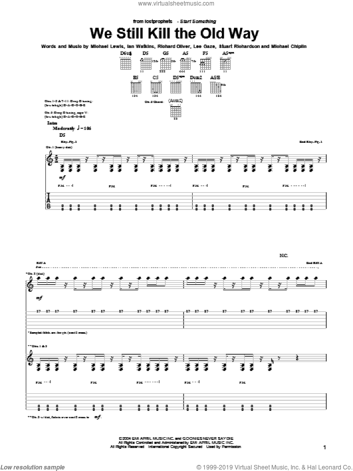 We Still Kill The Old Way sheet music for guitar (tablature) by Lostprophets, Ian Watkins, Michael Lewis and Richard Oliver, intermediate skill level