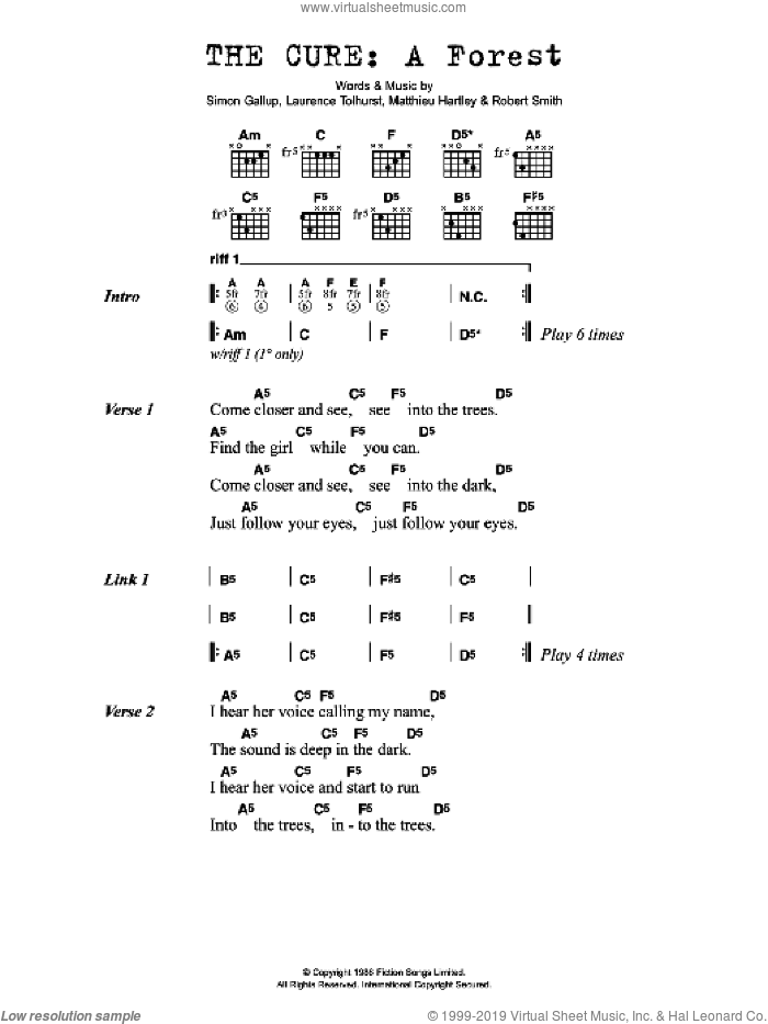 A Forest sheet music for guitar (chords) by The Cure, Laurence Tolhurst, Matthieu Hartley, Robert Smith and Simon Gallup, intermediate skill level