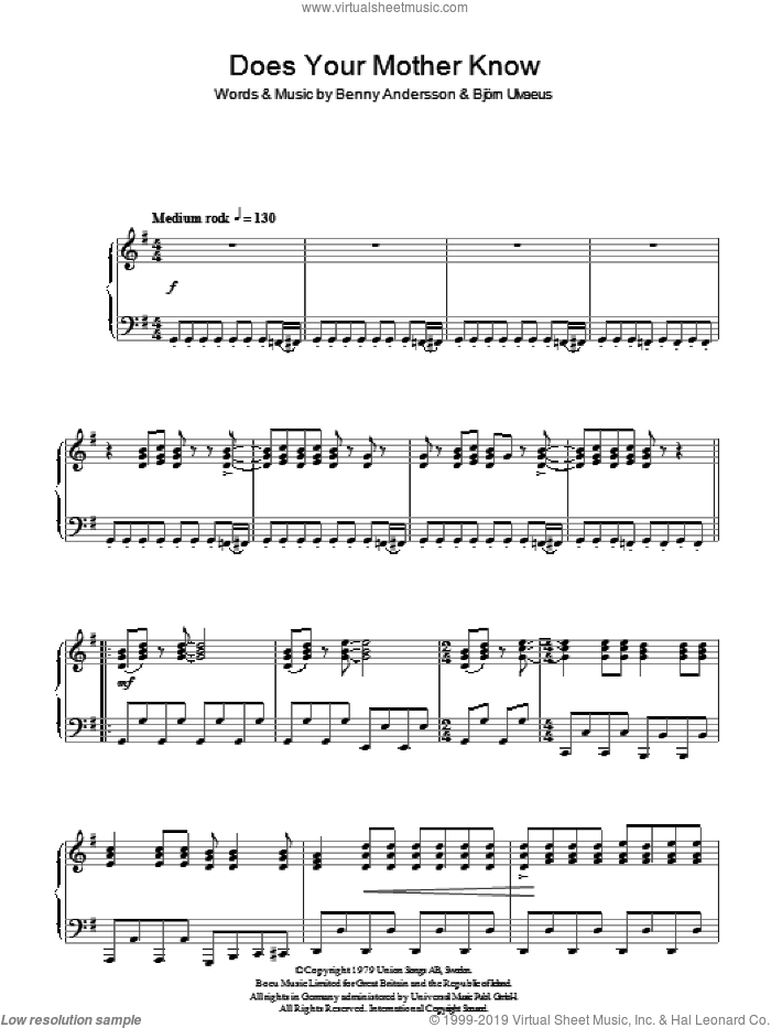 Does Your Mother Know sheet music for piano solo by ABBA, Benny Andersson, Bjorn Ulvaeus and Miscellaneous, intermediate skill level