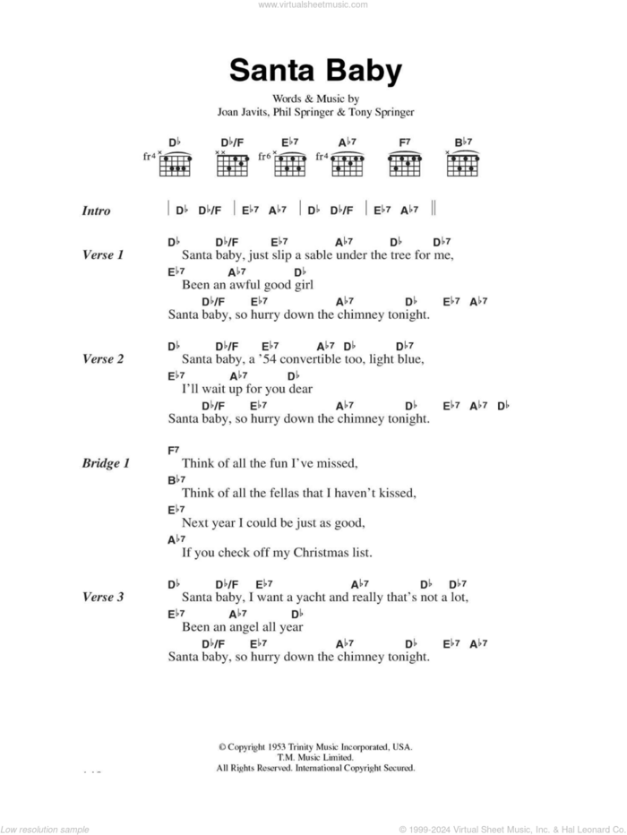 Santa Baby sheet music for guitar (chords) by Eartha Kitt, Joan Javits, Phil Springer and Tony Springer, intermediate skill level